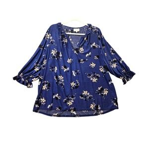 MELLODAY 1X Blue Ditsy Floral Cottage Core‎ Tunic Top Ruffle Sleeve V-neck #472